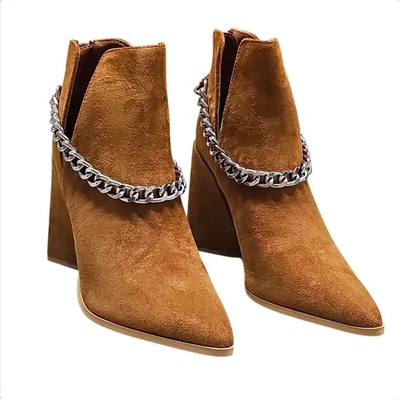 Tan Faux Suede Pointed Toe Ankle Boots With Silver Chain Detail & Block Heel - Picture 5 of 8